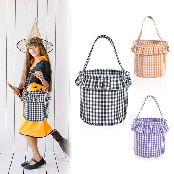 Urbanw Halloween Candy Bag, Trick or Treat Bag for Kids, Gingham Fabric Treat Bag, Ruffle Tote Bag, Reusable Candy Holder, Halloween Party Costume Accessory, 03