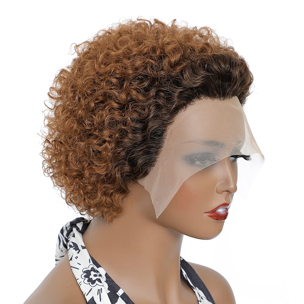 Urbeauty Pixie Curly Lace Front Wigs Human Hair for Women Brazilian Short Human Hair Wigs Ombre Brown Lace Wig 150% Density Pre plucked