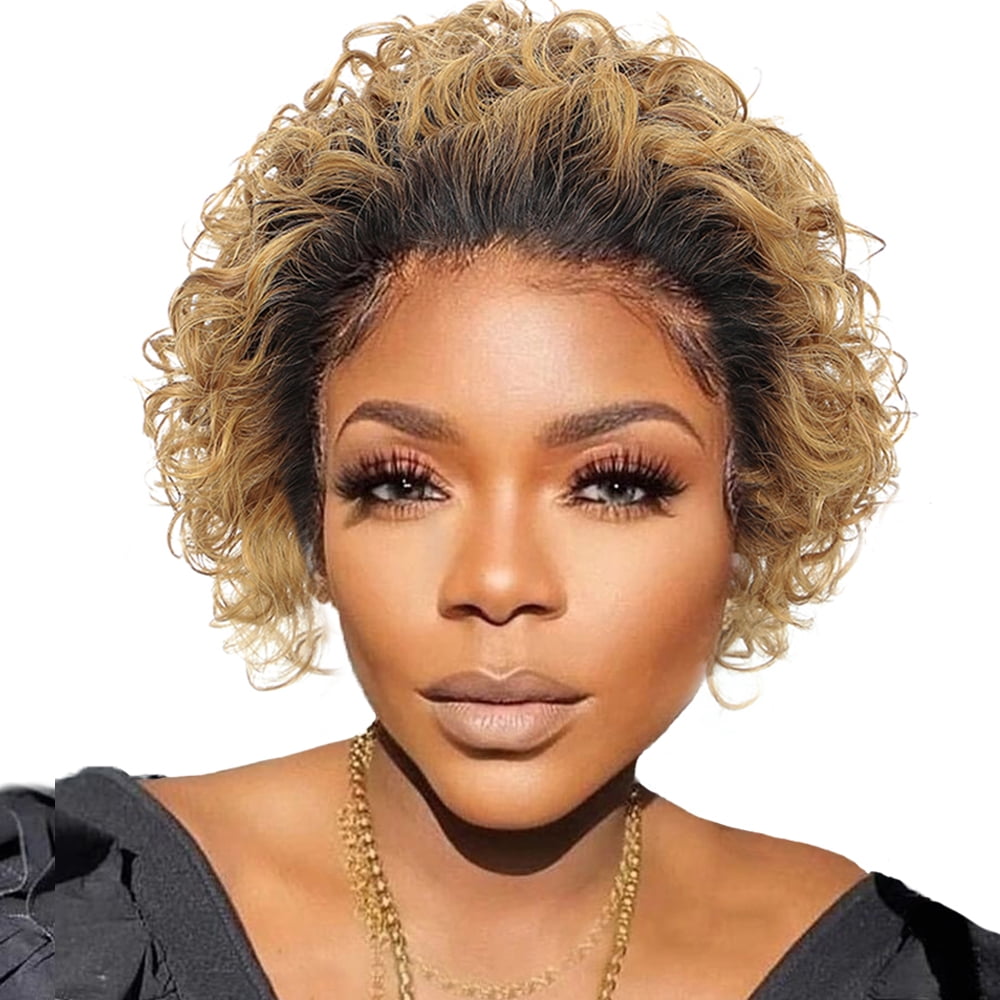 Urbeauty Short Curly Lace Front Wigs for Women 1B/27 Ombre Color Pixie Cut Wigs Human Hair Honey Brown Short Curly Human Hair Wigs Pre Plucked with Baby Hair