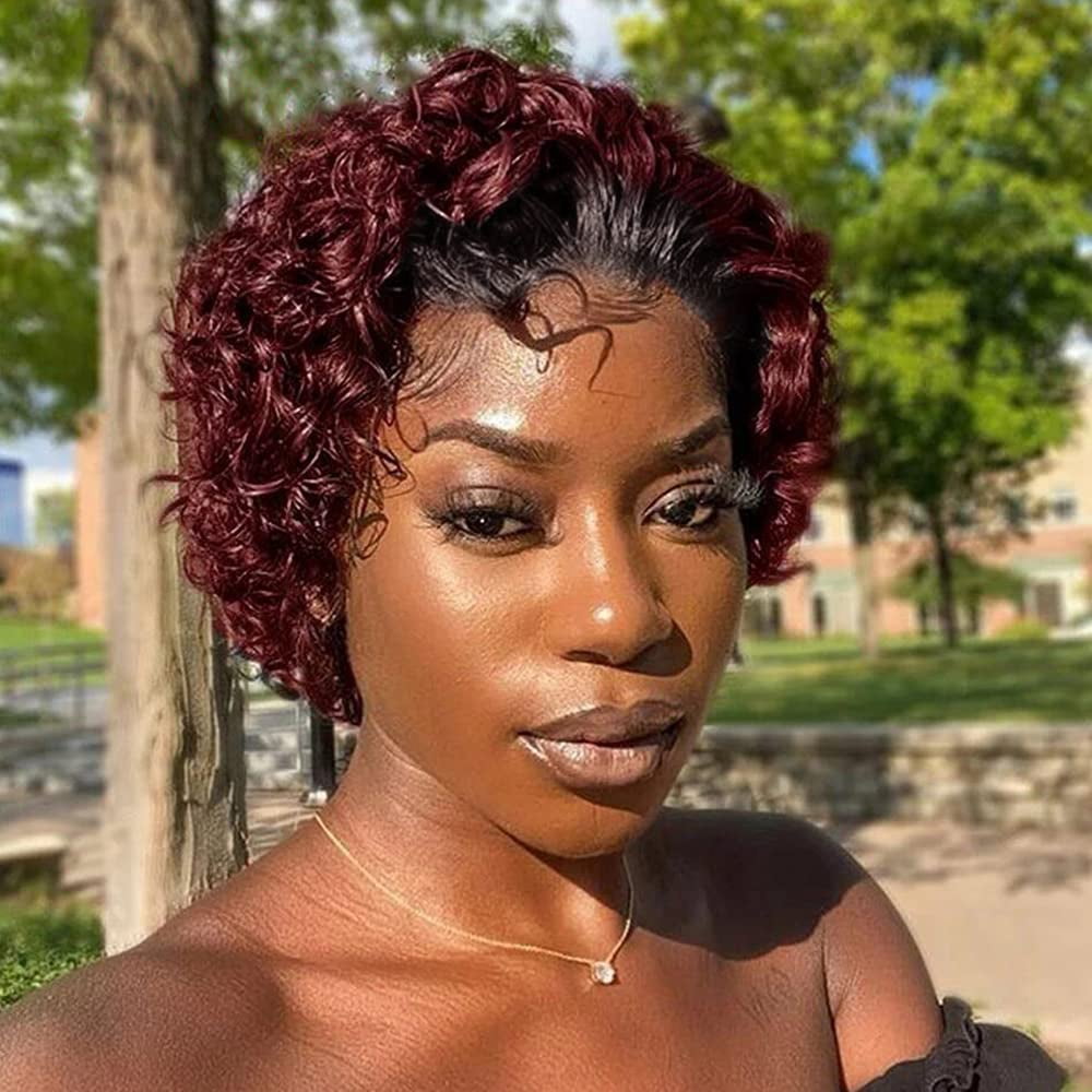Urbeauty Short Curly Wigs for Black Women Pixie Cut Lace Front Human Hair Wigs Brazilian Virgin Hair Wigs 1B/99J Lace Front Wig Human Hair Glueless Pre Plucked