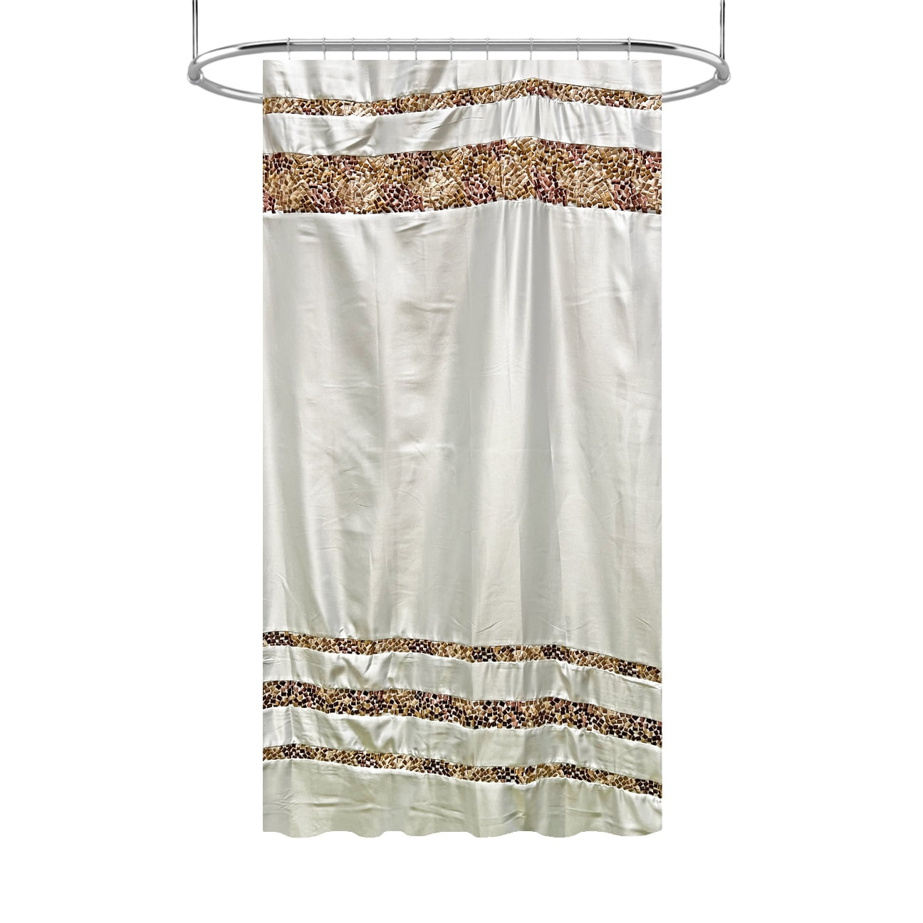 Brown and Beige Satin-Like Fabric Shower Curtain with Embroidered Tiles - 72" x 84"