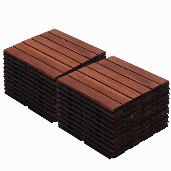 Urday 10 PCS Interlocking Deck Tiles, 12"x12" Solid Acacia Wood Patio Flooring, Waterproof Outdoor Tiles for Garden, Balcony and Poolside, Brown Stripe