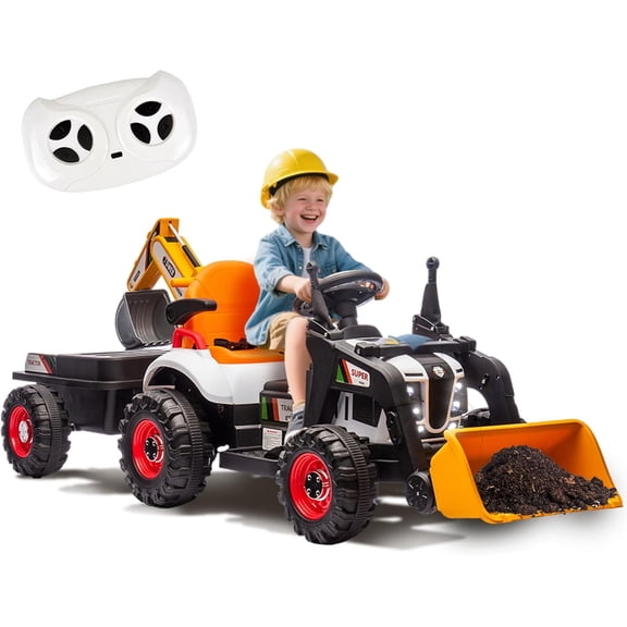 Urday 24V Kids Electric Tractor 4-in-1 Construction Ride On with Excavator Swivel Seat and Detachable Wagon