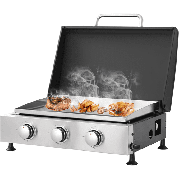 Urday 26-Inch Tabletop Propane Gas Griddle, 28,650 BTU Portable 3-Burner Flat Top Grill with Cast Iron Plate, Teppanyaki BBQ Grill for Outdoor Camping & Kitche