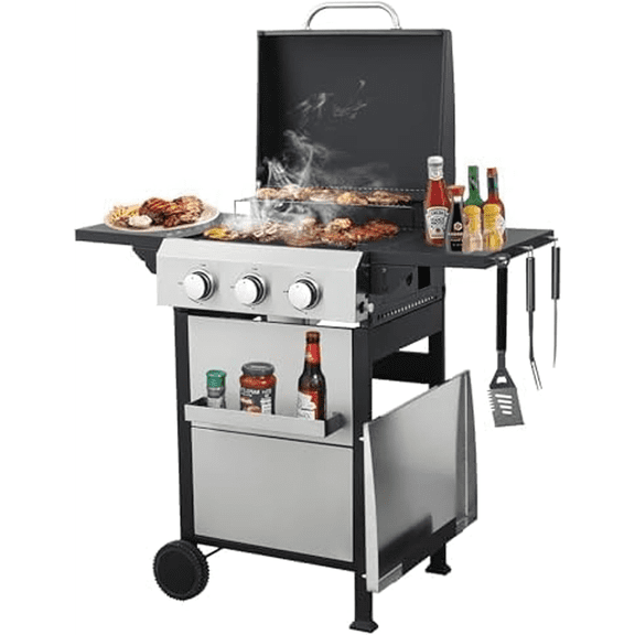 Urday 36,900 BTU Propane Gas BBQ Grill, 3-Burner Outdoor Barbecue with Stainless Steel Plancha & Wire Enamel Grids, Folding Side Table & Hanging Basket, Silver