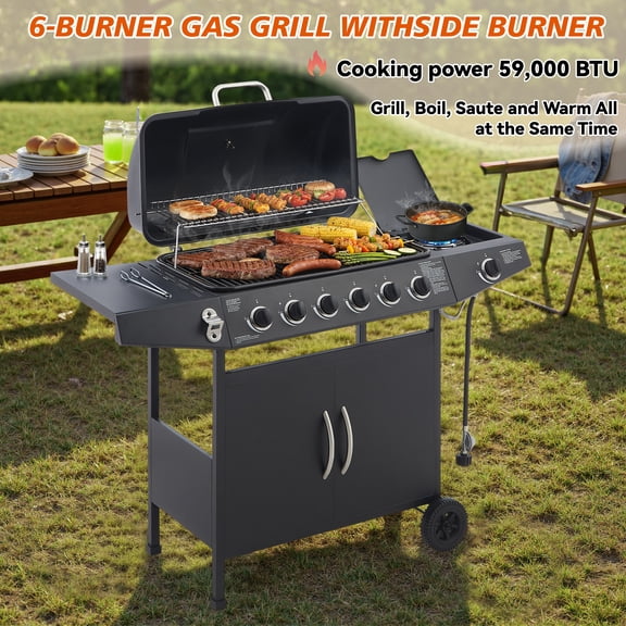 Urday 6-Burner Propane Gas Grill with Side Burner, 72,000 BTU Heavy Duty Stainless Steel BBQ Grill, Outdoor Cooking Station with Cast Iron Grates & Side Tables for Large Parties, Black