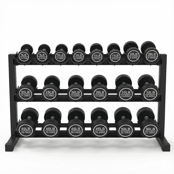 Urethane Dumbbell Set with Rack, 5-50 LB, 10 Pair of Commercial Grade Rubber Encased Dumbbells Set for Home Gym & Commercial Fitness, Durable Strength Training Weights with Storage Rack