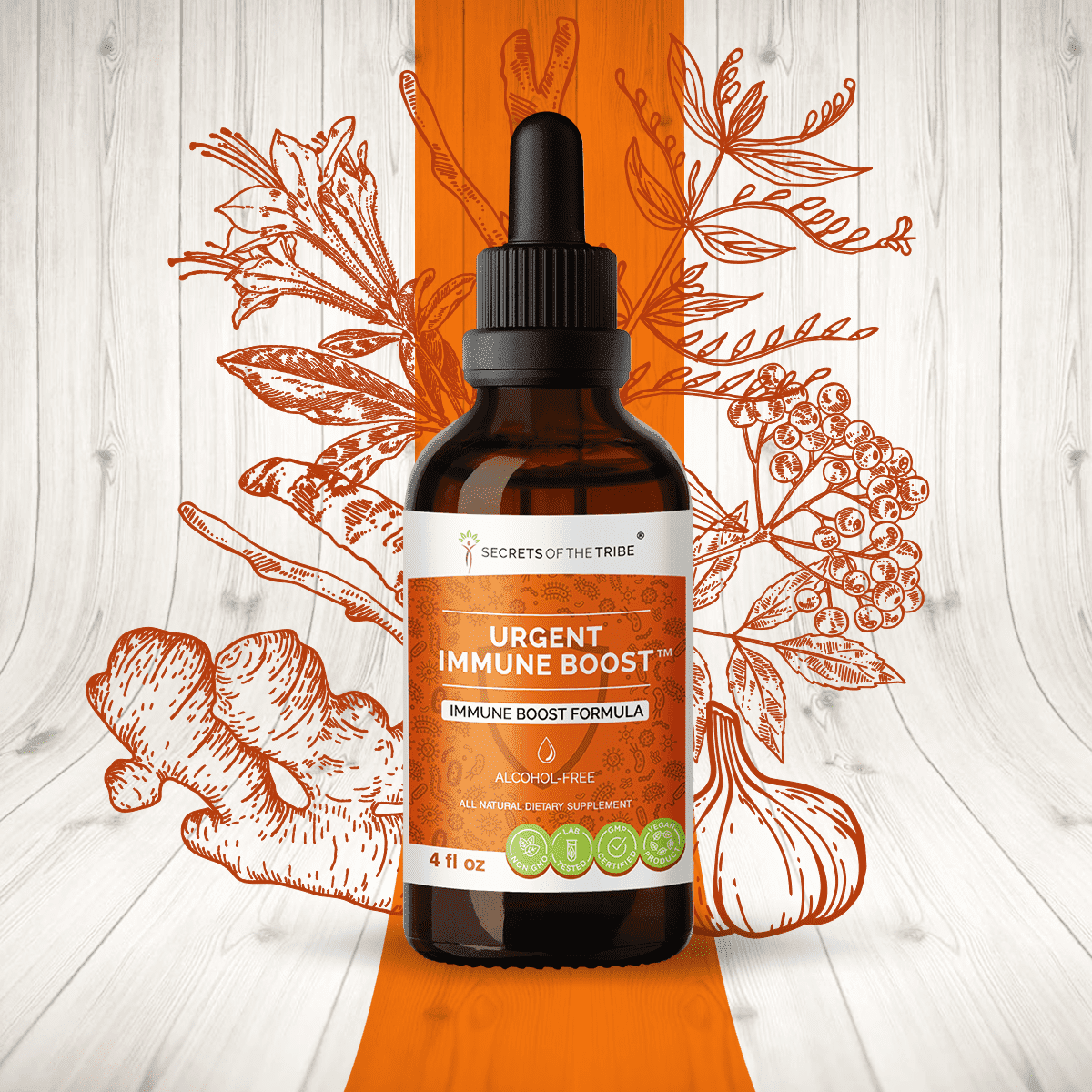 Secrets Of The Tribe Urgent Immune Boost Blend Tincture Dietary Supplement, Natural Extract, Made from Elder, Echinacea, Honeysuckle, Ginger, Horseradish, Osha, Andrographis, Garlic, Wild Indigo 4 oz