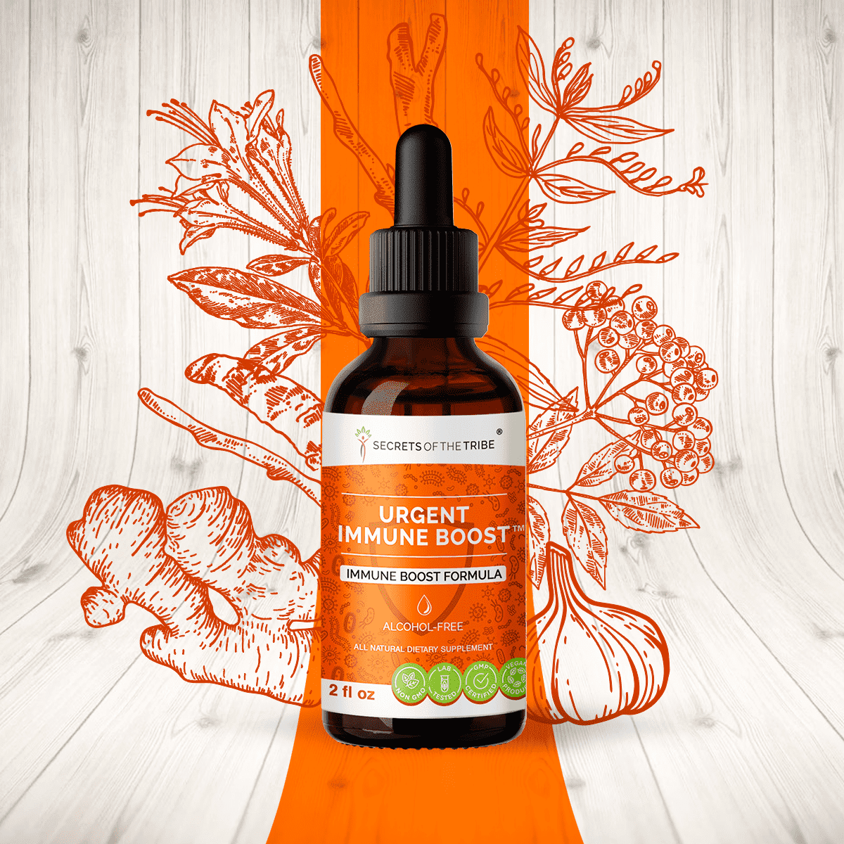 Secrets Of The Tribe Urgent Immune Boost Blend Tincture Dietary Supplement, Natural Extract, Made from Elder, Echinacea, Honeysuckle, Ginger, Horseradish, Osha, Andrographis, Garlic, Wild Indigo 2 oz