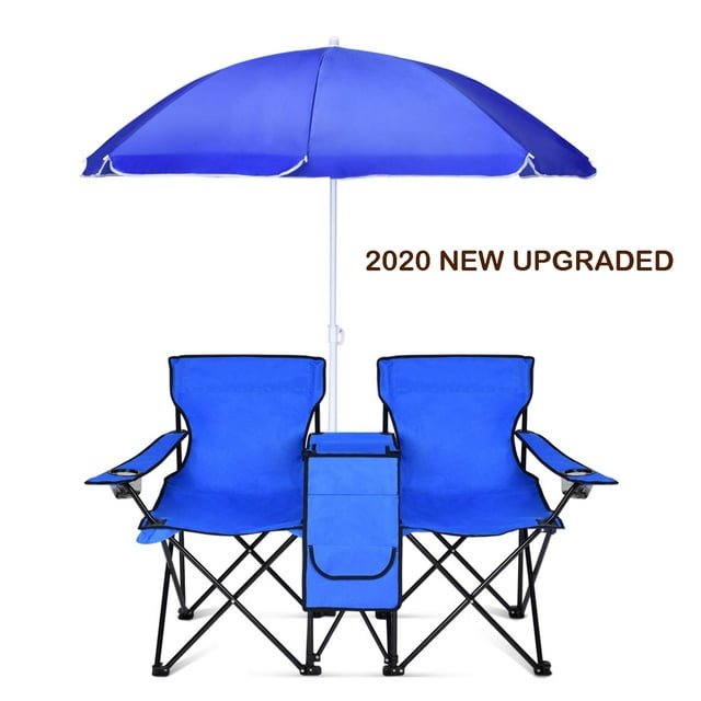 Urhomepro Folding New Camping Chairs with Umbrella Beverage Holder Blue, L3824 Polyester, Steel