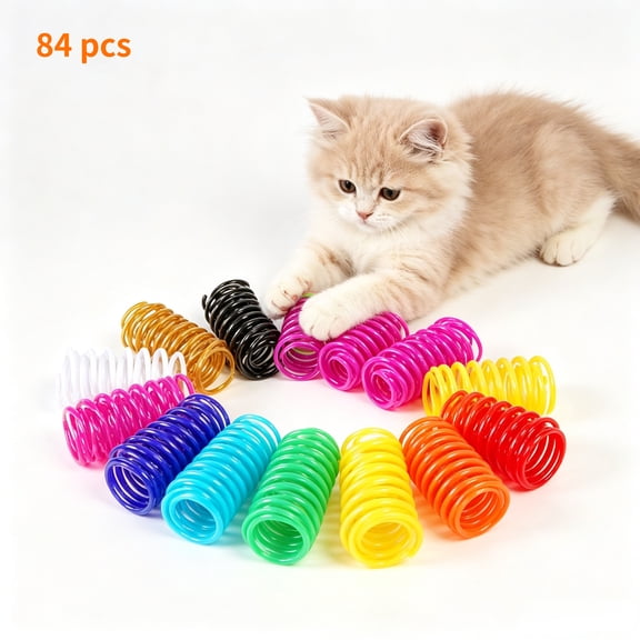 Urieessian Interactive Cat Spring Toy 84 Pack, Vibrant Color Plastic Spiral Coil Swatting Toy, Enrichment Play Supplies for Multi-Cat Household Indoor Cats
