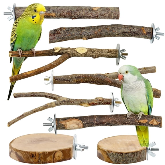 Urieessian 8Pcs Natural Wood Bird Perch Set, Rough-Surface Bird Cage Accessories, Wooden Platform & Branch Perches, Parrot Stand Chewing Toys for Budgies, Cockatiels, Parakeets, Small Birds