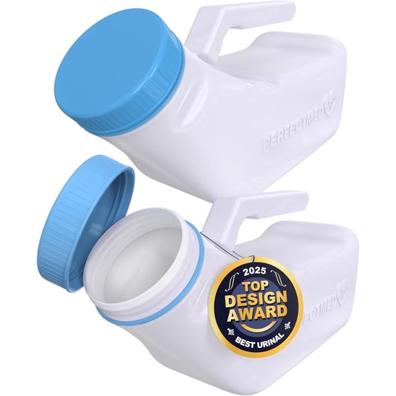 Urinals for Men Spill Proof by PerfectMed (2 Pack) - 32 oz/ 1000 ml | Portable Urine Bottle Bed Pan W/Glow in Dark Lid | Thick Plastic Pee Urinal Bottle