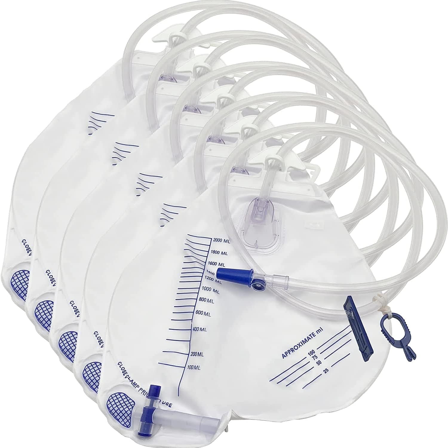 Urinary Drainage Bag with Anti-Reflux Chamber, Urine Bag with 2000 mL Volume,Professional Urinary Bag for Home and Hospitals Health Aids, 5 Pack
