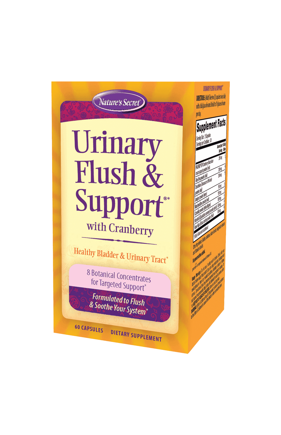 Nature's Secret Urinary Flush & Support with Cranberry Promotes Healthy Bladder & Urinary Tract - 8 Botanical Concentrate Blends to Flush & Soothe - Healthy Elimination & Detoxification - 60 Capsules