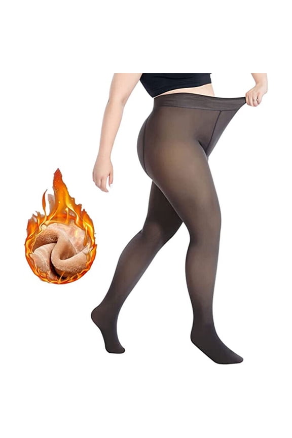 Fleece Lined Tights for Women | Winter Thermal Leggings with Sheer Skintone Look-Black -L/XL