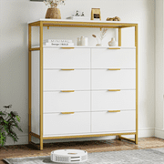 Urkno Modern Wood Drawer Dresser Storage Cabinet with Shelves, White with Golden Frame for Adult