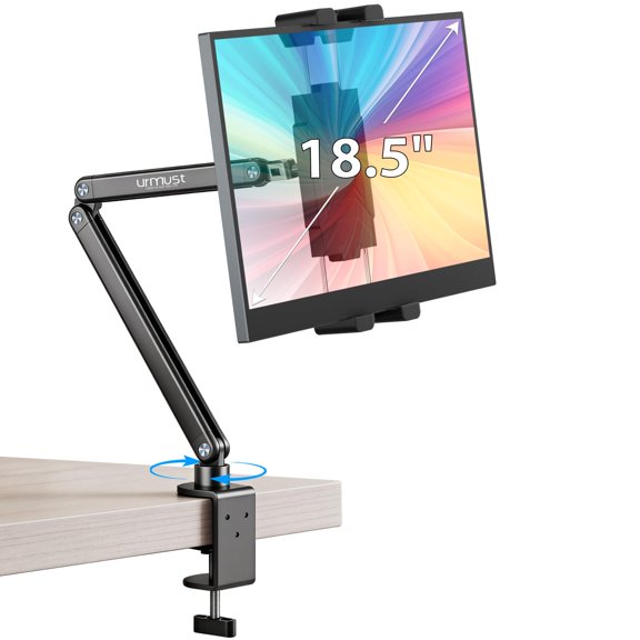 Urmust Portable Monitor Stand 15.6", iPad Stand for Desk & Bed, Portable Monitor Holder up to 18.5", Adjustable Desktop Tablet Arm Mount, Apple iPad Holder for Desk, for 4.7"-12.9" iPad Pro/Air/Mini