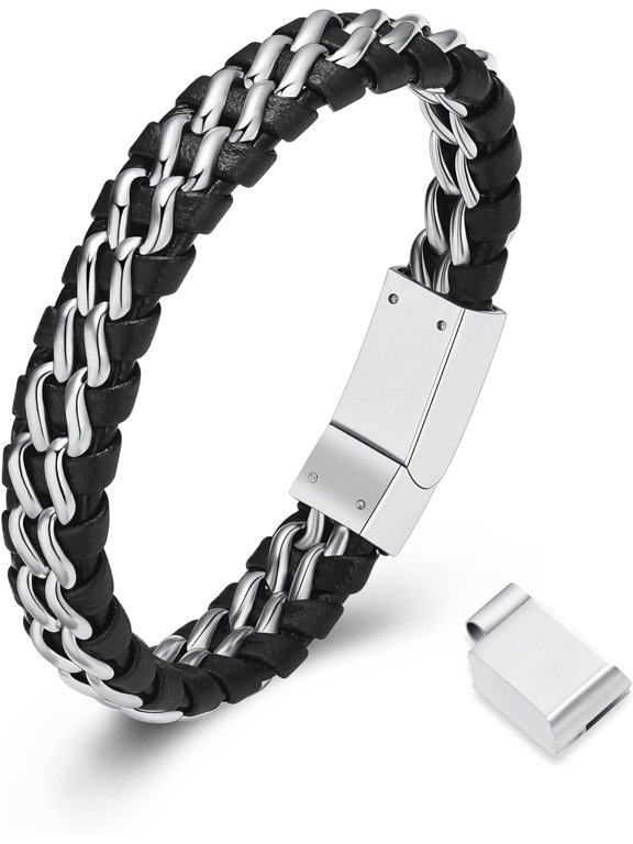 Urn Bracelet for Ashes Stainless Steel Cremation Bracelet for Ashes for Men Memorial Ashes Holder for Human Pet Cuff Bangle Braided Leather Wristband Bracelet
