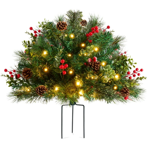 Best Choice Products Large Pre-Lit Christmas Urn Filler,w/ Pinecones &Berries, White & Multi LED Lights, 26" Diameter