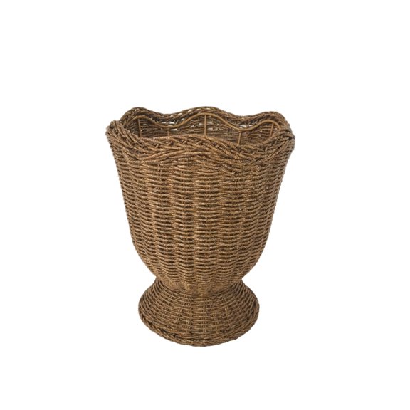 Urn-Goblet Woven Planter, 12.2" Rustic Woven Pedestal Basket, Handwoven Boho Wicker Basket, Scalloped Edge Wicker Planter for Home Decor & Storage - Yellow