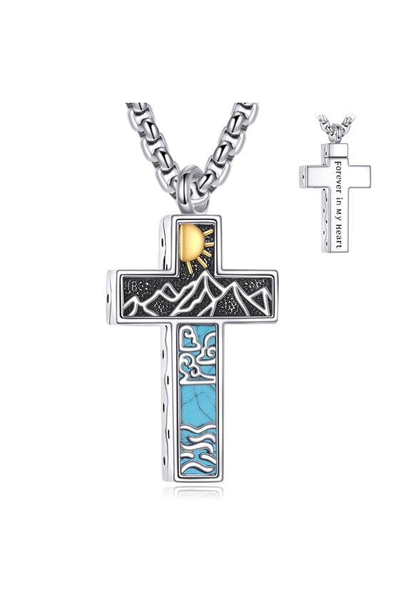 Urn Necklace for Ashes s925 Sterling Silver Cross Urn Cremation Pendant Necklace for Humen Pet Turquoise Cremation Memorial Jewelry Keepsake Gifts for Men Women