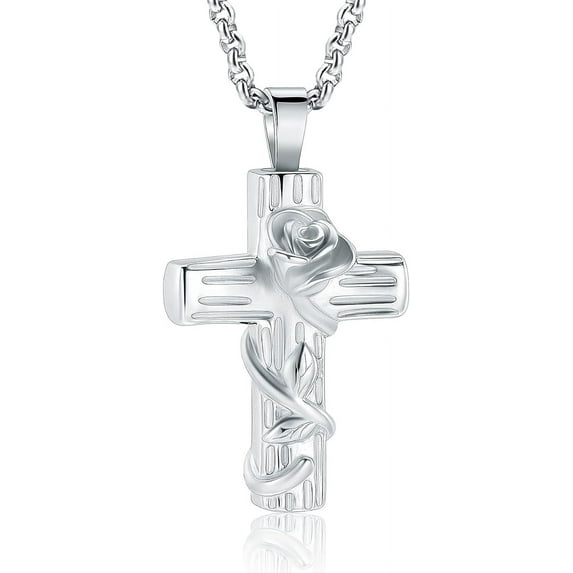 Urn Necklace for Ashes Rose Flower Cross Cremation Jewelry Pendant for Human/Pet Memorial Ash Jewelry for Loved Ones