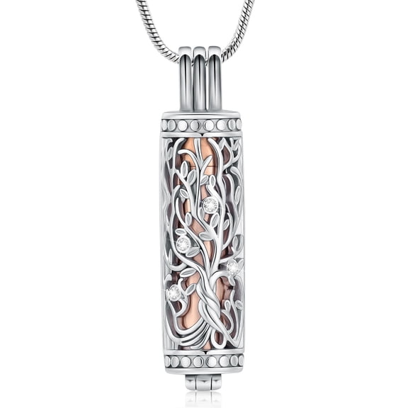 Urn Necklace for Ashes with Hollow Vial Cylinder Tree of Life Memorial Jewelry for Women Men Ashes Holder