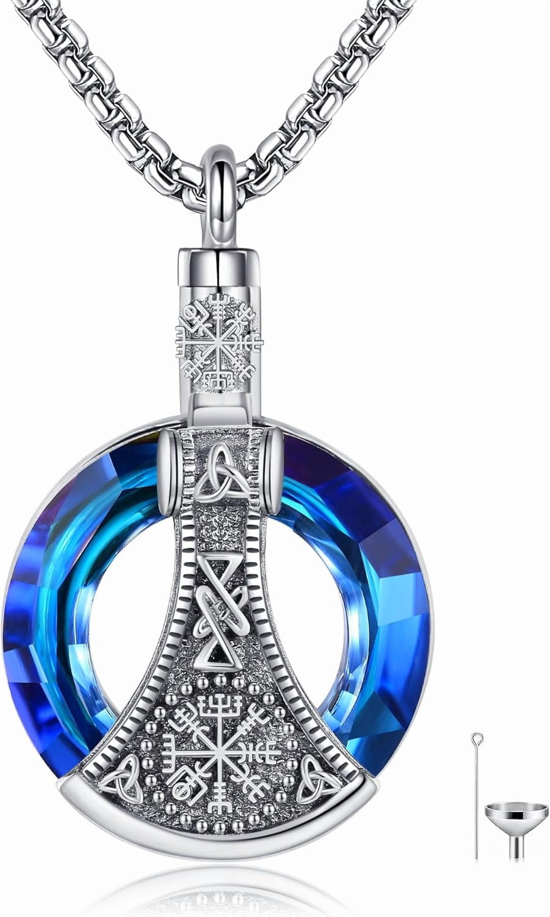 Urn Necklace for Men Sterling Silver Viking Axe Urn Necklace with Crystal Urn Keepsake Memorial Jewelry for Men