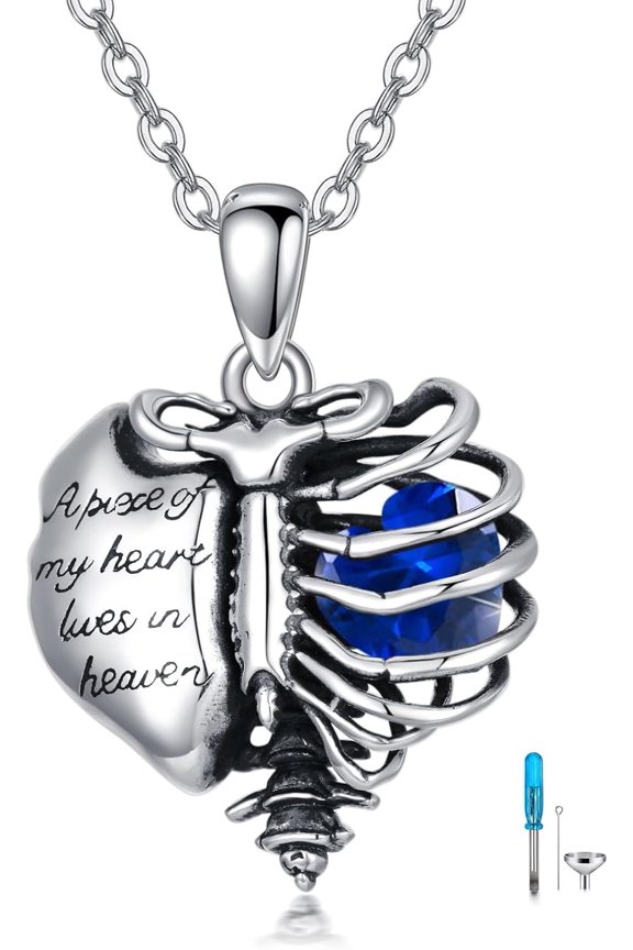 Urn Necklaces for Ashes 925 Sterling Silver Heart Skeleton Birthstone Necklace Cremation Jewelry Memorial Gifts for Women Men Mom