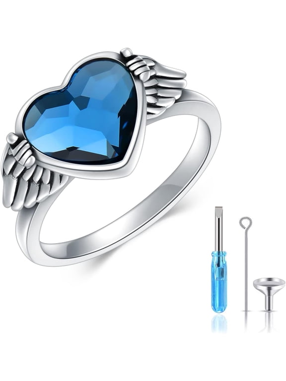 Urn Ring for Ashes 925 Sterling Silver Hold You in My Heart Angel Wings with Blue Crystal Heart Cremation Memorial Keepsake Jewelry