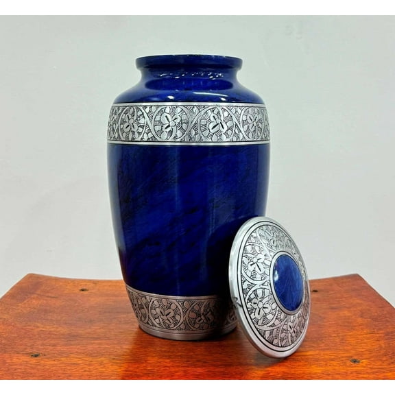 Urns for Human Ashes Adult Memorial Urn Funeral Cremation Urn- Royal Blue Engraved Urn Leaves and Flowers Intricate