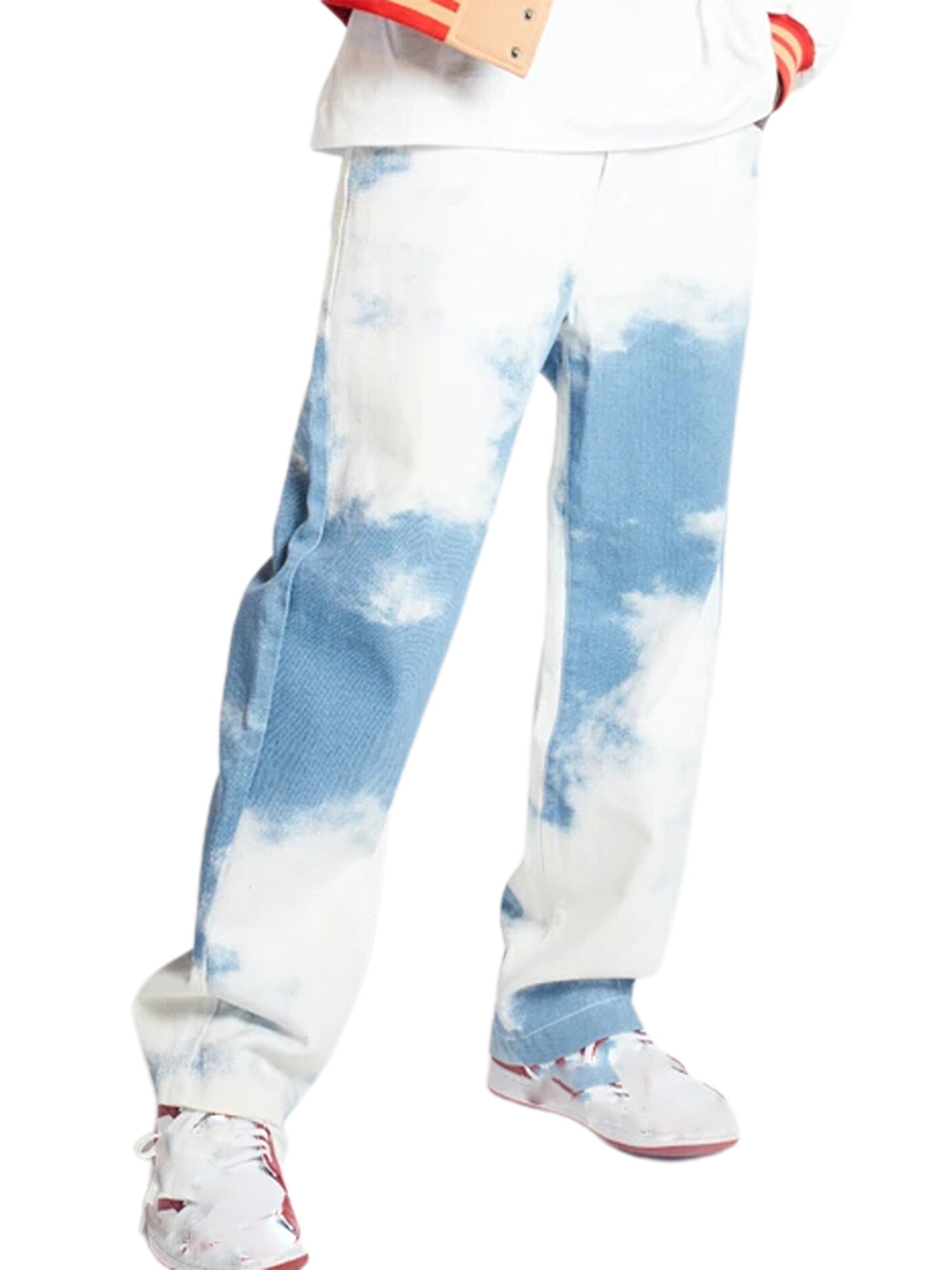Urobanpeeg Men Tie-Dye Denim Pant Washed Stretch Rise Relaxed Straight Leg  Jeans For Male 