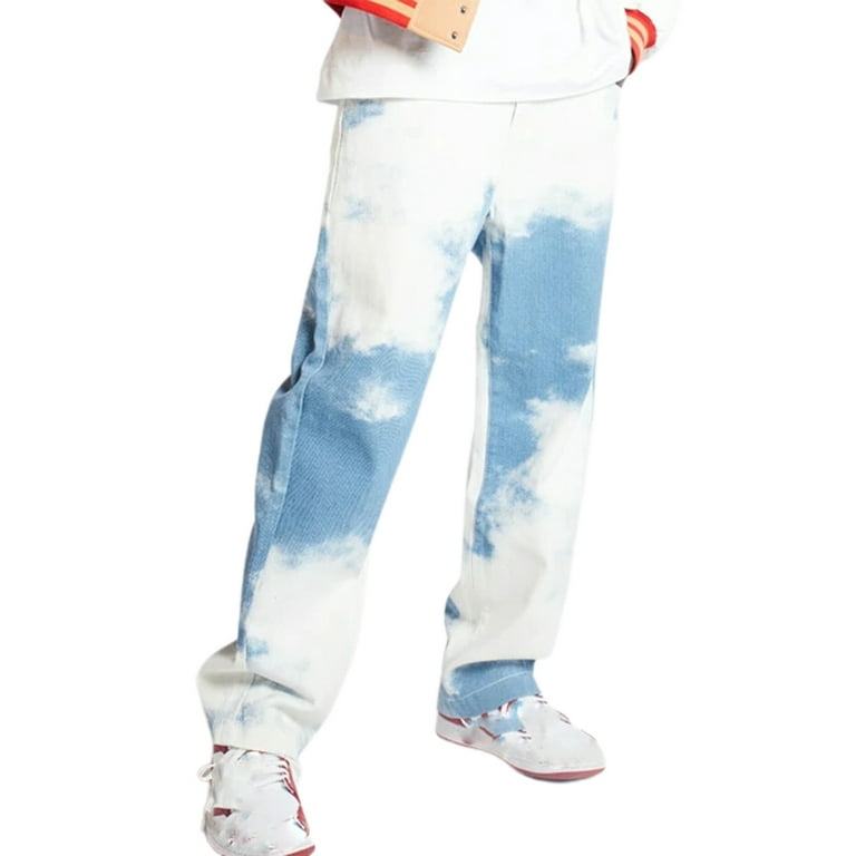 Urobanpeeg Men Tie-Dye Denim Pant Washed Stretch Rise Relaxed Straight Leg  Jeans For Male