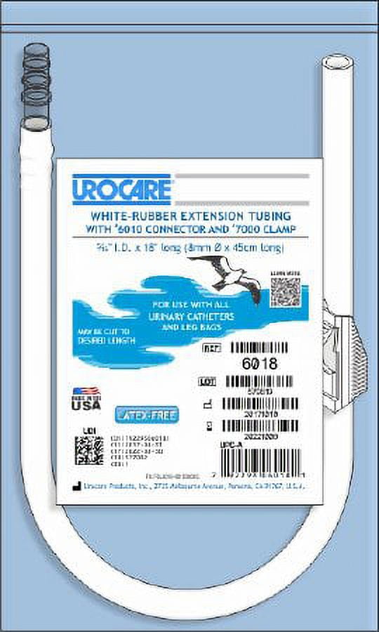 Urocare White Rubber Extension Tubing With Connector And Clamp 18" L X