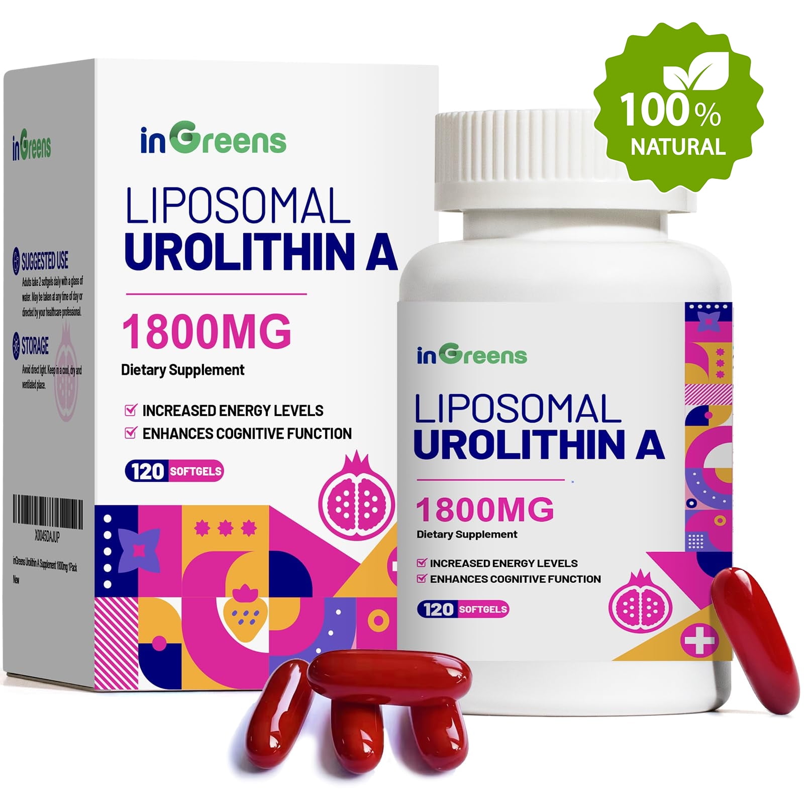 Urolithin A Supplement 1800mg - Mitoceutical for Muscle Strength, Endurance and Longevity, Powerful NAD+ Boost, Antioxidant, Cell Repair, 120 Softgels