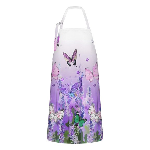 Urple Butterfly Flower Pattern Apron-Garden Aprons for Women with Pockets-Cotton Linen Waterproof Kitchen Cooking Gardening Aprons Adjustable for Kitchen,Cooking,BBQ and Salon 33x27 Inch