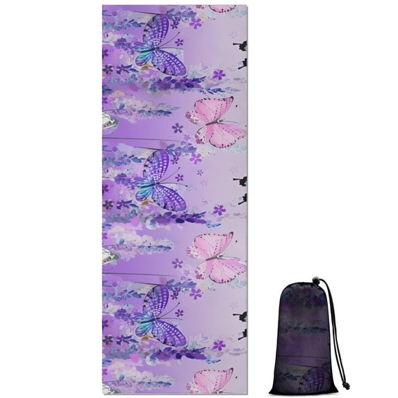 Urple Butterfly Flower Pattern Hot Yoga Mat Towel Non Slip for Hot Yoga - Quick-Drying Yoga Mat Cover with 4 Corner Pockets with Travel Bag - Hot Yoga Towel Non Slip 70"x26"