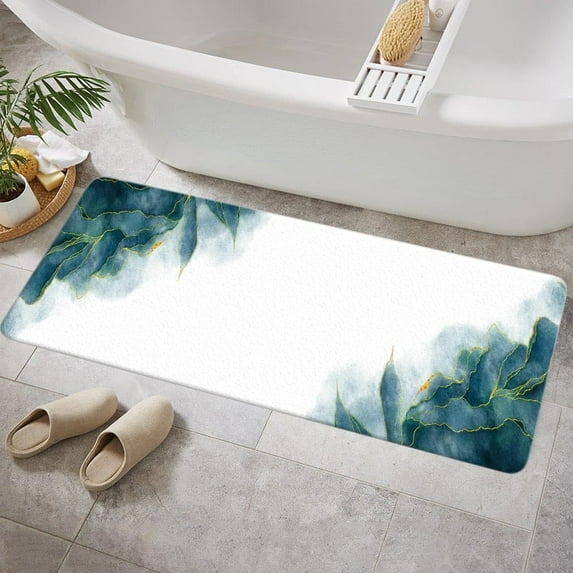 Urquoise and Gold Marble Bath Mat for Bathroom, Modern Abstract Blue Dark Green White Floor Rugs Mats Non Slip Cute Ombre Bathroom Decor Accessories 16X48 Inches Kitchen Bedroom Indoor