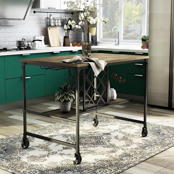 Ursa Metal Counter Height Table with Caster, Medium Oak