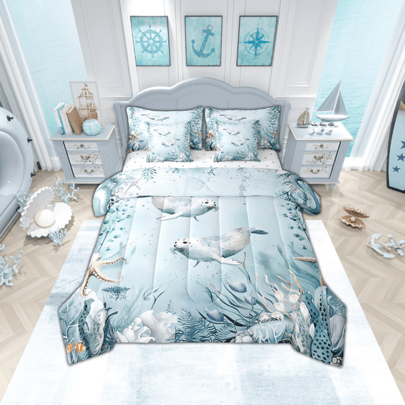 Ursine Seal Bed in a Bag Queen Comforter Set 7 Piece,Teal Blue Ocean Beach Coastal Bedding Set Starfish Octopus Sheet Sets with Comforter Underwater Creature Coral Bed Set,Kawaii Fish Room Decor