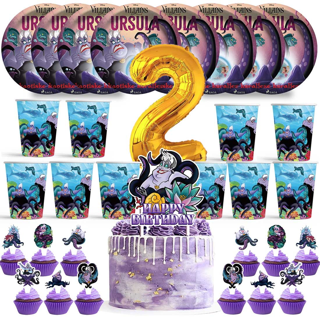Ursula Birthday 2nd Cups Party Supplies Plates Fans Decorations Cake