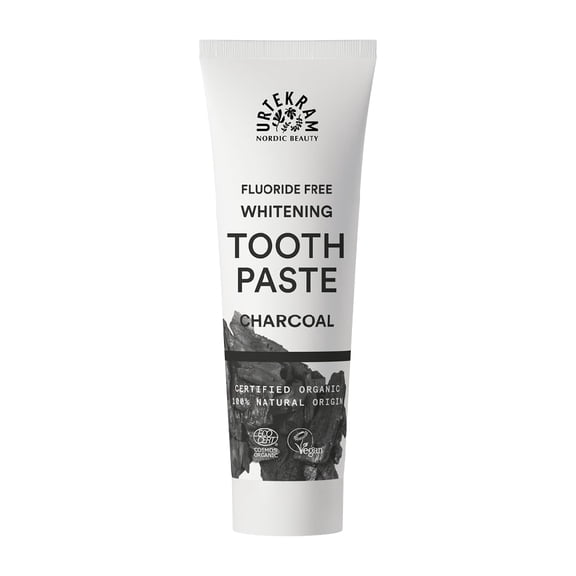Urtekram Charcoal Toothpaste Natural Fluoride-Free Toothpaste Gently Whitening with Organic Aloe Vera & Myrrh Vegan & Certified Organic Fresh Breath, 75 ml