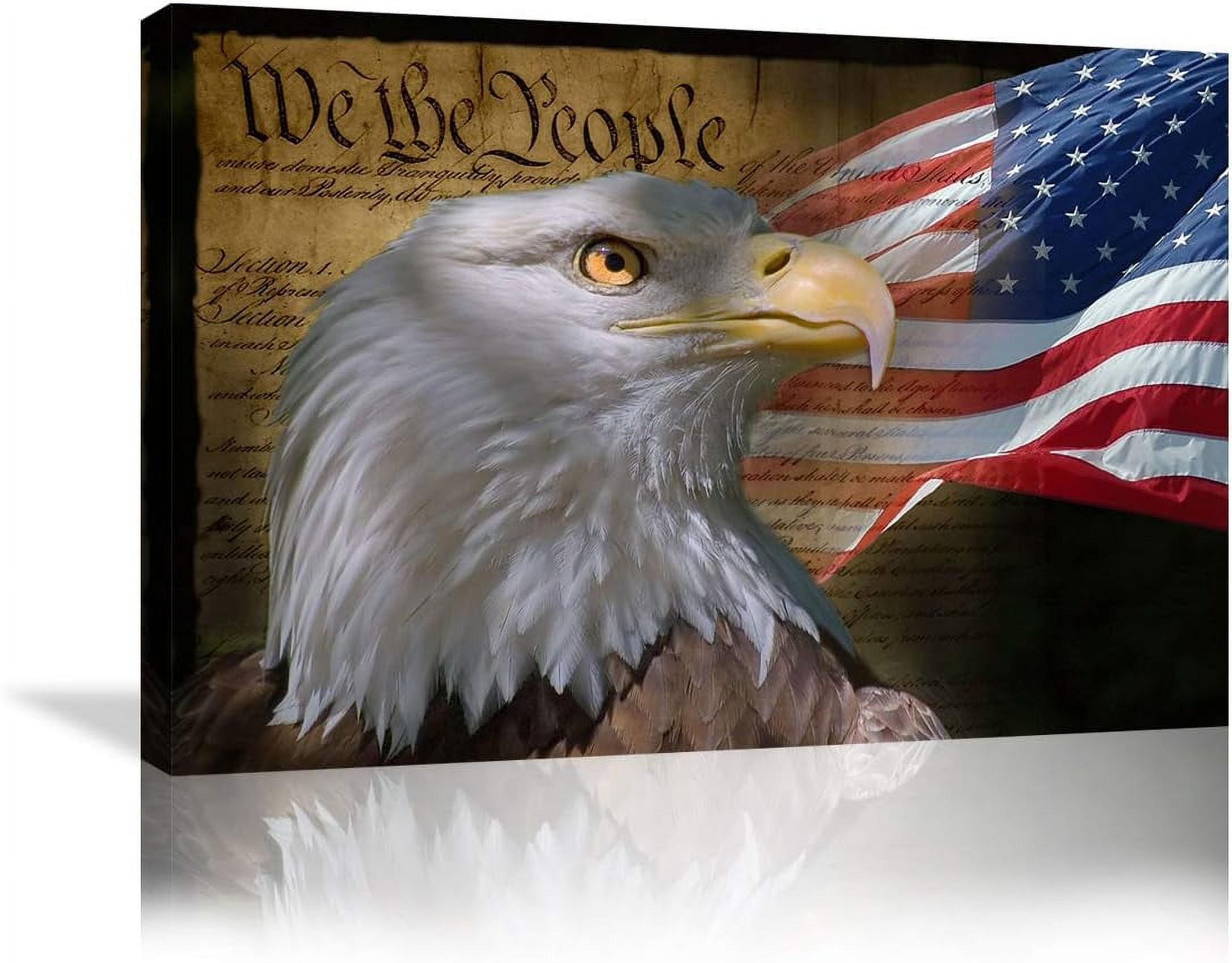 Patriotic Bald Eagle and American Flag Framed Canvas Print