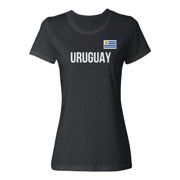 Uruguay Flag - Soccer Cup Inspired Fans Supporter Ladies' Crewneck T-Shirt (Black, Small)