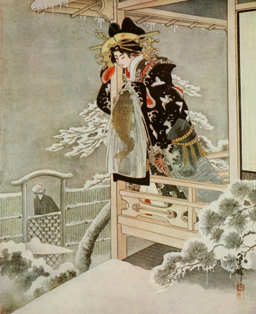 Urusato on the balconyl Romances of Old Japan 1920 Canvas Art - Yukio Ozaki (18 x 24)