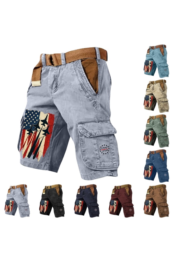 Us 250th Anniversary Jet Formation Print Cargo Shorts with 1776 To 2026 Badge and Relaxed Fit, Awesome For Air Shows Military Appreciation Events Brown XXL