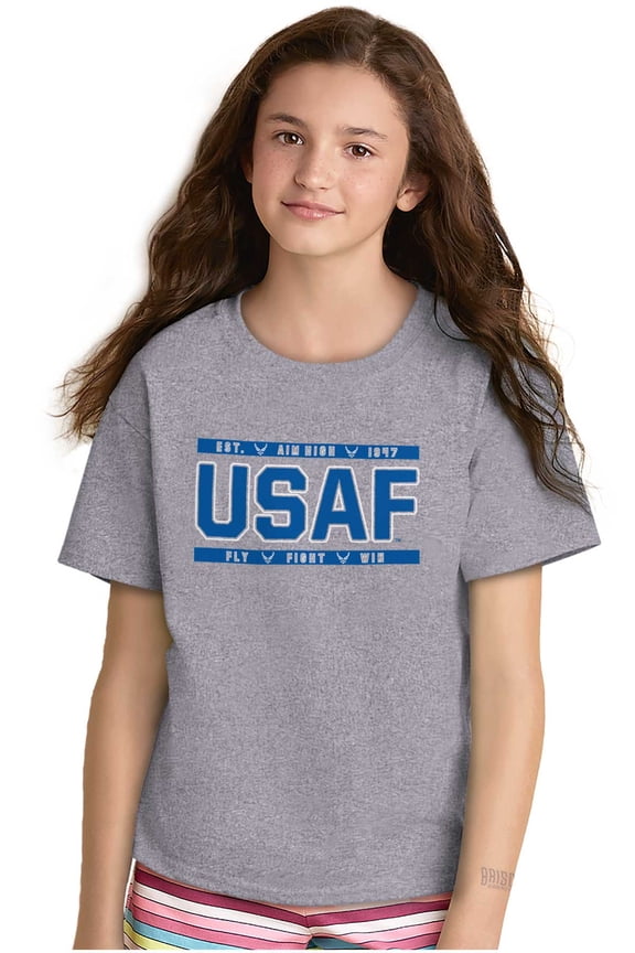 USAF Fly Fight Win Crewneck T Shirts Boy Girl Teen Brisco Brands L