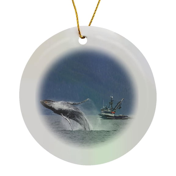 3drose, Us, Alaska, Chatham Strait. Breaching Humpback Whale, Circle Porcelain Ornament