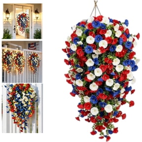 Us Celebrate America’s 250th Anniversary with Patriotic Hanging Flower Baskets, Red White and Blue Hanging Baskets, with LED Lights (Solar Energy), Outdoor Decorat (Without LED lights-1pcs)